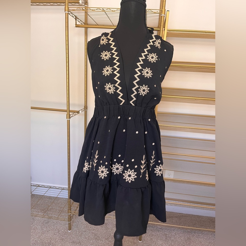 Black and Cream Embroidered Mini Dress